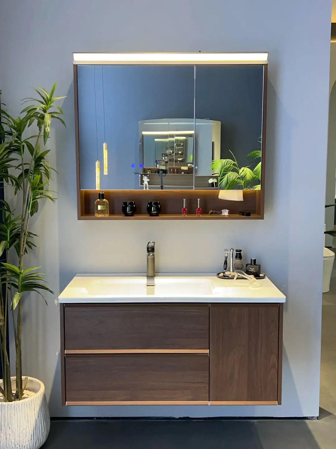 S602 walnut wall-hung bathroom vanity with white integrated basin and LED mirror cabinet
